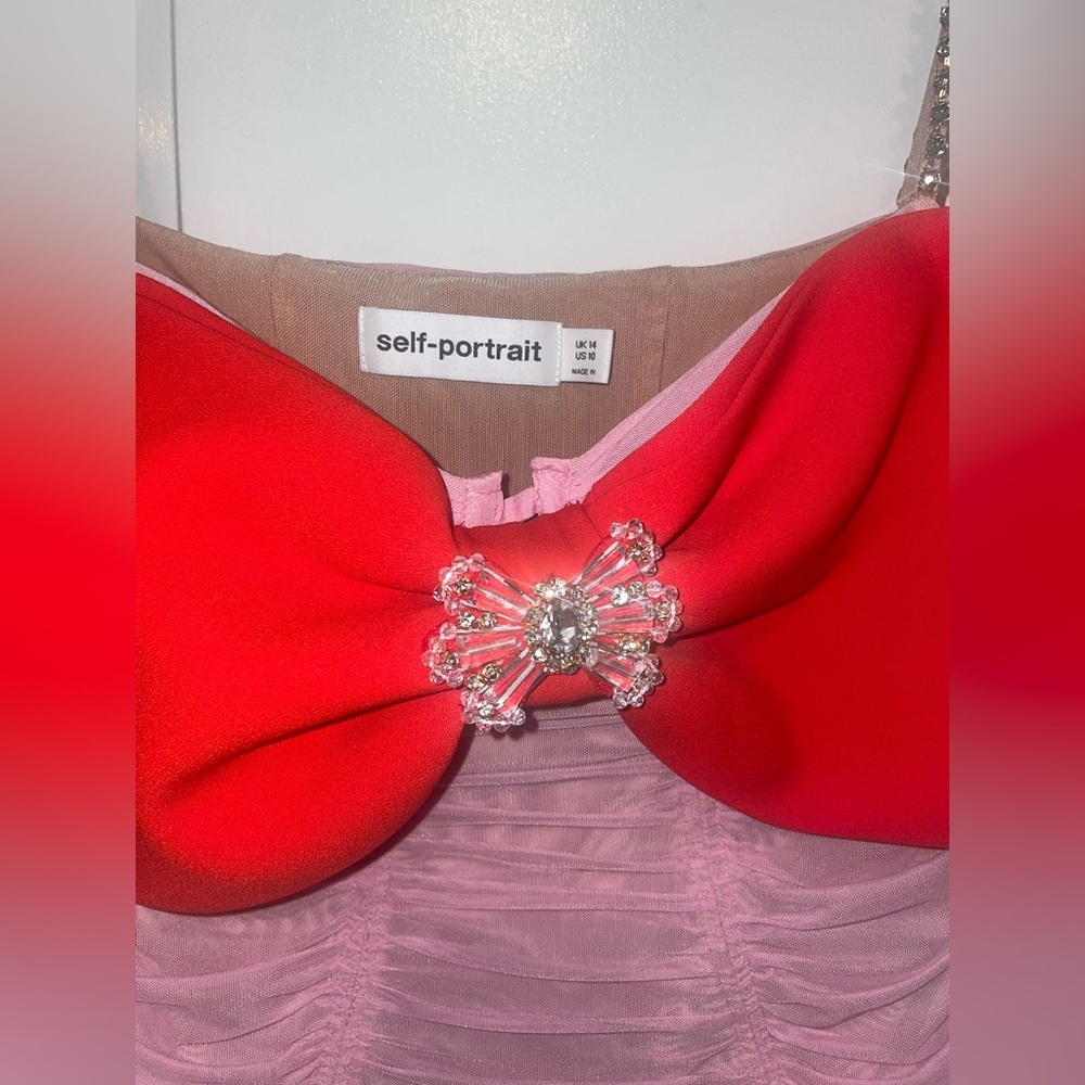 New! Self Portrait Bow Embellished Ruched Pink & Red Mini Dress 🎀 size 10 - Picture 15 of 16